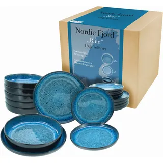 CreaTable Teller-Set Nordic Fjord (18-tlg), 6 Personen, Steinzeug, je 6 Speiseteller 26 cm, Suppenteller 22,5 cm, Dessertteller 19,5 cm blau