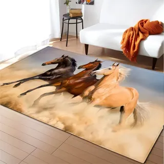 Morbuy Teppich Wohnzimmer Flanell Kurzflor Teppiches, 3D Pferd Drucken Modernes Teppich Waschbar rutschfest Krabbelmatte für Kinderzimmer Schlafzimmer Dekoration (80x160cm,Wüste)
