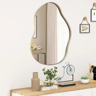 COSTWAY unregelmäßiger Wandspiegel, asymmetrischer Spiegel, gerahmter Hängespiegel, moderner Kosmetikspiegel Wand, dekorativ für Flur Badezimmer Schlafzimmer (Golden, 78 x 56 cm)
