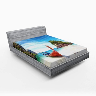 ABAKUHAUS Tropisch Spannbetttuch, Exotic Beach Thailand, Soft Dekorativer Stoff Bettwäsche Rund-um Elastischer Gummizug, 160 x 200 cm, Farn-Grün-Blau-Creme