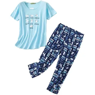 Weite Pyjama Damen Kurz Set,Capri Schlafanzug Sommer Baumwollmischung,Bequemen Lounge Set Zweiteiler Oberteil und 3/4 Hose für Frauen Freizeit Mädchen Women Nachthemd,Blaue Katze Größe 36-38 - S