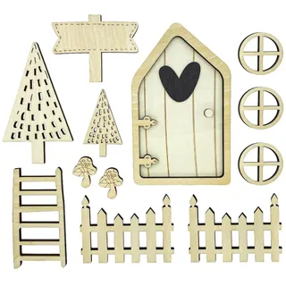 Oblique Unique Wichteltür Set aus Holz - Wichteltüren Komplettset mit Zubehör - Wichtel Set mit Zaun, Fenstern, Bäumen, Leiter & Schild – DIY Wichtel Zubehör Deko für Weihnachten & Adventszeit