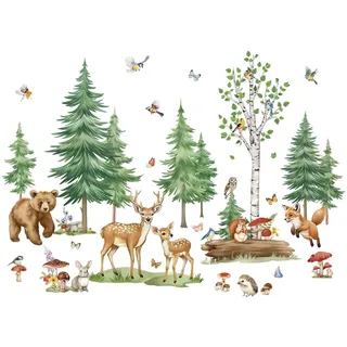 Wandtattoo Waldtiere, Wandtattoo Tiere, Wall Stickers Baum, Wandaufkleber Deko, Wandsticker mit Kiefer Birken Bär Hirsch Fuchs, Wanddeko für Küche Wohnzimmer Flur Schlafzimmer Badezimmer