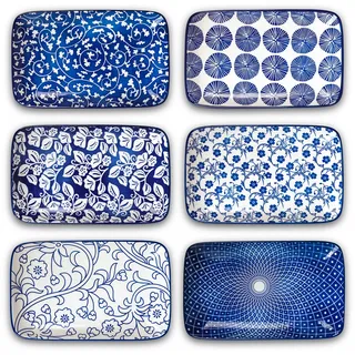 Selamica 21 cm Servierplatte, Rechteckige Speiseteller, Teller Set 6 Personen, Dessertteller, Kuchenteller, Salatteller für Vorspeise, Snacks, Sushi, Obst, Vintage Blau