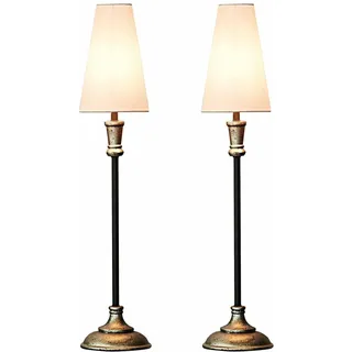 LOBERON Tischlampe 2er Set Obsonville ,  silber/schwarz/creme | Schlanke, hohe Form, Holzelemente mit antiksilberfarbenem Finish, Klassischer Tütenschirm