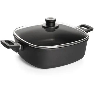 WOLL – Nowo Titanium Guss-Kasserolle 28×28 cm viereckig mit Deckel – 6 l, Aluguss, Antihaft (Titan-Diamant), abnehmbarer Stiel, backofenfest bis 300 °C – für alle Herdarten