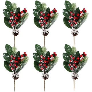 GLAITC künstliche Tannenzweige, 6 Stück Weihnachten Deko Zweige mit roten Beeren und Tannenzapfen Weihnachten Beeren Zweige für DIY Girlande Christbaum Party Dekoration (12 Zoll)