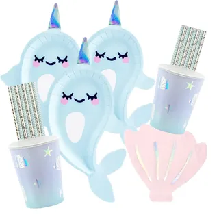 spielum 56-teiliges Party-Set - Narwal - Einhorn der Meere - Teller Becher Servietten Trinkhalme für 12 Kinder