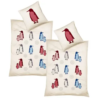 JACK Bettwäsche JACK by Fleuresse 4tlg. Fein Biber Bettwäsche 135x200cm Pinguin Rot, Biber, 4 teilig, süße Pinguine mit Schneeflocken, Baumwolle, mit Reißverschluss bunt