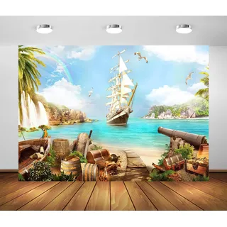 BELECO 2.1x1.5m Stoff Strand Insel Piraten Thema Hintergrund Piratenschiff Schatzkisten Fässer Papagei Ozean Segelboot Berg Wasserfälle Piraten Hintergrund Piraten Thema Party Dekorationen