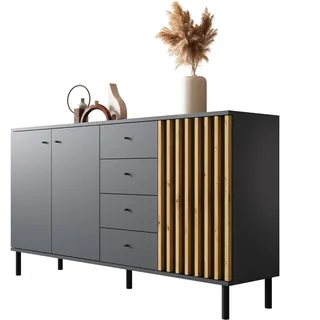 Newroom Sideboard Schwarz Wildeiche Sideboard Modern Vintage - 160x85x40 cm (BxHxT) - Highboard Anrichte - [Ebono.Three] Wohnzimmer Schlafzimmer Flur Esszimmer
