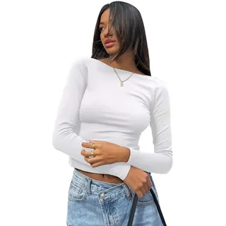 Damen Sexy Rückenfreies Oberteil Y2k Crop Tops Slim Fit Langarmshirt Langarm T-Shirt Cropped Tee Sommer Basic Shirt Einfarbig Bluse Aesthetic Clothes Outfit - XS