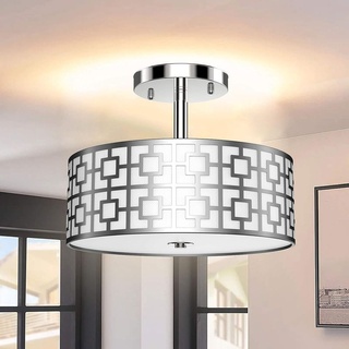 Depuley Led Deckenleuchte Wohnzimmer Silber Weiß mit 3 E27 Basis(Leuchtmittel Nicht inkl.) Deckenlampe Küche Metall Aluminum mit Stoffschirm Rund...