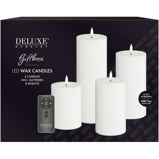 Deluxe Homeart Flammenlose LED-Geschenkbox für den Innenbereich, 4er-Set, mit Fernbedienung und Batterien, Real Flame™-Technologie, batteriebetriebene Kerzen (weiß)