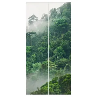 Bilderdepot24 Schiebegardine modern Flächenvorhang blickdicht Dschungel im Nebel (2 St), halbtransparent, Wohnzimmer große Flächengardine lichtdurchlässig als Klemm-System grau 120 cm x 250 cm