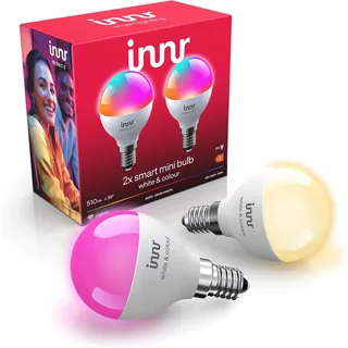 innr Smart Lampe E14, White & Color, für Hue* und Zigbee Hubs, 2-er Pack | Smart Home Glühbirne, Mini Globe, White & Color, 16 Millionen Farben, 510 Lumen, Dimmbar