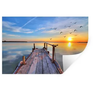MuchoWow Wandsticker Wasser - Steg - Vögel - Sonnenuntergang - Horizont (1 St), Wanddeko, Aufkleber, Wandtattoo, 90x60 cm bunt 90 cm x 60 cm x 0.1 cm