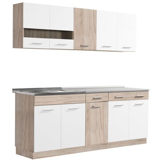Homestyle4u 2356, Küche Modern Weiß Küchenzeile ohne Geräte Einbauküche Singleküche 200 cm Eiche Grau
