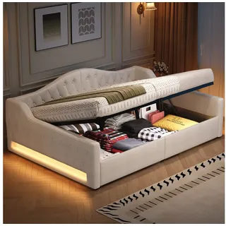STILVORA Daybett 140x200 mit Stauraum,Gepolstertes Tagesbett mit LED&Lattenrost,Beige (Gepolstertes Tagesbett mit LED-Gürtel, Stauraum & Leinenbezug – Platzsparendes Design für Gästezimmer & kleine Räume – 7-farbige LED-Beleuchtung und robuste Konstruktion) beige 146.5 cm x 213.5 cm x 69 cm