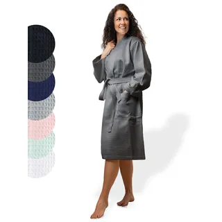 SIEGENTHAL® Damen Bademantel Waffelpique 100% Baumwolle mit Schalkragen Leicht Morgenmantel - Dunkelgrau L - XL - L-XL
