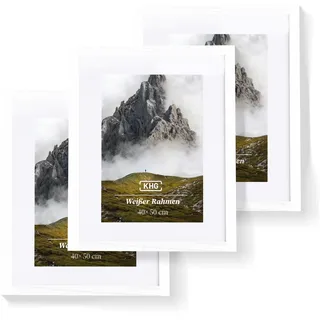 KHG Premium-Bilderrahmen 3er-Set 40x50 cm weiß, stabile Glasfront, Poster | hochwertiges Passepartout & MDF-Holzrahmen für Fotos, Zertifikate & Collagen, vielseitig einsetzbar, für Zuhause