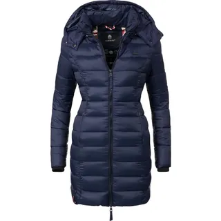 Marikoo Damen Wintermantel Warmer Steppmantel lang mit Abnehmbarer Kapuze Abendsternchen Blau L - L
