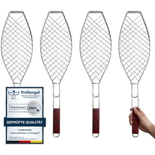 VonBueren 4x Fisch Grillhalter, Fischgrillgitter, Fischzange zum Grillen | 63 x 16 cm mit Holzgriff, Fischgrillzange, Fischhalter für Grill, Fischgriller und Grillkorb zum Grillen von Fisch