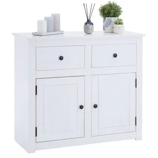 CARO-Möbel Kommode Paulo weiß aus Massivholz im Landhausstil mit 2 Türen und 2 Schubladen, Mexico Sideboard aus Kiefer mit Beschlägen und Griffen aus Metall