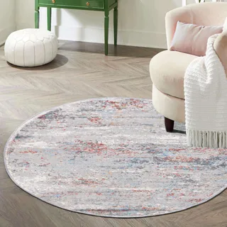 Mazovia Teppich Rund 240 cm - Kurzflor - Weich Teppich für Wohnzimmer Esszimmer - Abstraktes Vintage Grau Lachsfarbe 240 x 240 cm