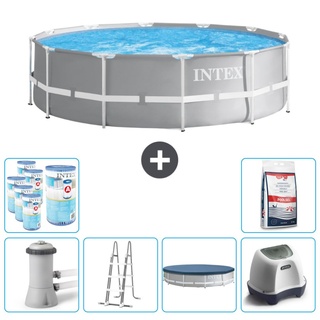 Intex Round Prism Frame Swimming Pool – 366 x 99 cm – Grau – inklusive Pumpe – Leiter Abdeckung - Salzwassersystem - Filter - Poolsalz