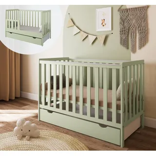 zee Mint Babybett LUMI 120x60 cm Mit Schutzgitter & Schublade 2in1 Kinderbett Aus Kiefernholz Höhenverstellbar EN 716