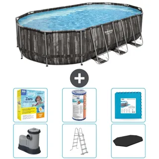 Bestway Oval Power Steel Swimmingpool – 610 x 366 x 122 – Grau – inklusive Pumpe – Leiter – Abdeckung Wartungspaket - Filter - Bodenfliesen