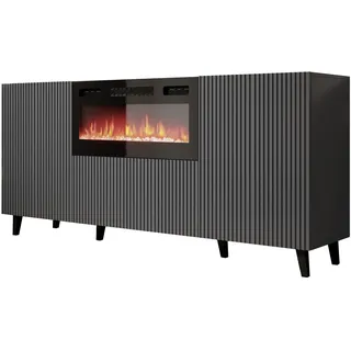 MIRJAN24 Kommode Vamos Grey 180 mit Kamin (mit 2 Türen und Klappe), Fronten gefräst, Realistische LED-Flamme grau