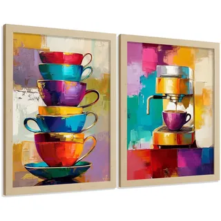POSTER 2er Set Küchen-Wandbilder Kaffeetassen und Espressomaschine Pop Art Bunt Esszimmer Wanddeko Rahmenlos A3
