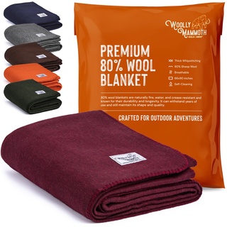 Woolly Mammoth Woolen Co. | Extra Large Merino Wool Camp Blanket | The Perfect Outdoor Gear Bedroll for Bushcraft, Camping, Trekking, Hiking, Survival, or Throw Blanket at The Cabin. (Burgundy)
