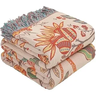 HOORDRY Boho Herbst-Überwurfdecke für Bett, 100 % Ultra-Baumwolle weich atmungsaktiv Bettüberwurf Blumendruck Bauernhaus-Dekor rustikale Bettüberwürfe für Couch Sofa Steppdecke 229 x 249 cm - Orange