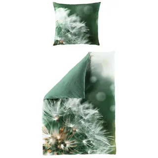 JACK Wendebettwäsche 135x200cm Digitaldruck Pusteblume Grün Bierbaum, Satin, 2 teilig, seidiger Glanz, elegantes Motiv in Olive grün