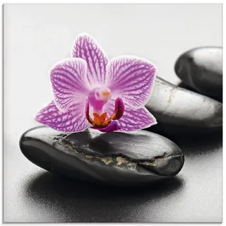 ARTland Wanddeko Glasbilder Wandbild Glas Bild einteilig Quadratisch Asien Wellness Zen Steine Spa Blumen Blüten Orchideen Entspannung T5ON