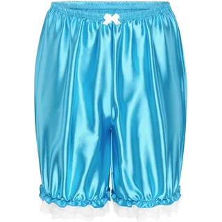 Satini Rüschen Spitze Sissy Gerafft Lolita Bloomers Shorts Seidig Satin Pumphose (Türkis, M) - M