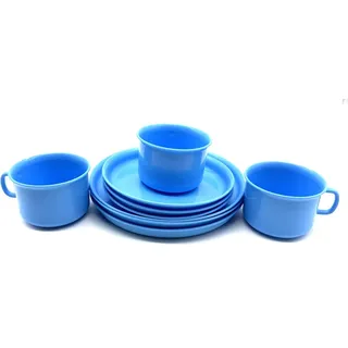 3 Stück Geschirr-Set Geschirrservice Frühstückset Kaffeeservice Plastikgeschirr, besteht aus je 3 Tassen Untertassen und Teller, Kunststoff plastik, Mehrweggeschirr, Farbe Hellblau
