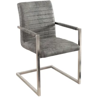 invicta INTERIOR riess-Ambiente Freischwinger Stuhl LOFT Vintage grau mit gepolsterten Armlehnen und Edelstahlgestell Esszimmer Stuhl Esstischstuhl Microfaserstuhl