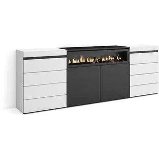 SKRAUT HOME Kommode, Weiß, Holzwerkstoff, 8 Schubladen, 214x75x35 cm, Schlafzimmer, Zimmer, Elektrischer Kamin, Schwarz-Weiß -