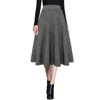 Ylingjun Damen Warme Wolle Midi Röcke Winter Herbst Hohe Elastische Taille A Linie Ausgestellte Wollröcke, Schwarz, Groß - L
