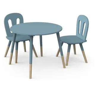 habeig Kinderstuhl Tisch & 2 Stühle Kinderset Sitzhocker Holz weiß Sitzgarnitur Kinder, 3er-Set blau