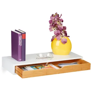 Relaxdays Wandregal mit Schublade, HxBxT: 8 x 60 x 24 cm, Wandschublade skandinavisches Design, MDF, Bambus, weiß/natur