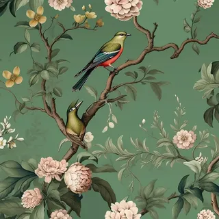 VEELIKE Tapete Blumen Vogel Salbeigrün Vintage Blumentapete Grün Mustertapete 44.5cm × 300cm Chinoiserie Tapete Vogel Fototapete Schlafzimmer Badezimmer Wand Dekoration Abnehmbare Mieterfreundliche