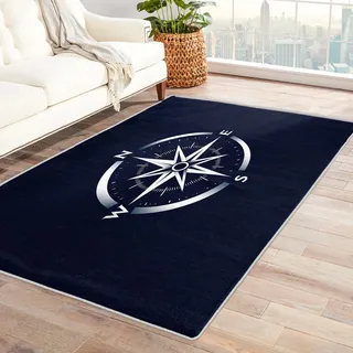 Teppich Mit Kompass - Teppich Wohnzimmer Schlafzimmer Nautisch, Großer Teppich Blau Maritim, Weich Kurzflor & Waschbar & rutschfest Wohnzimmerteppich, Kinderteppich, Bettvorleger 120x180 cm