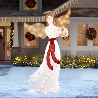 GOPLUS 150cm großer LED Engel mit Harfe, beleuchteter Weihnachtsengel warmweiß mit 120 LED-Lichtern, Weihnachtsbeleuchtung Figur Engel für Außen Innen Weihnachten Dekoration