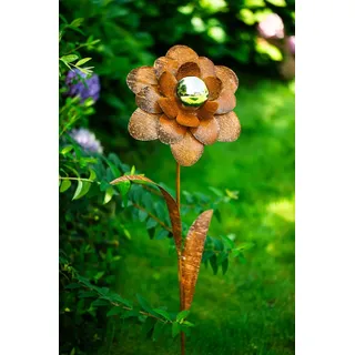 Bornhöft Gartenstecker Blume Metall Gartendeko Rost Edelrost rostiger Beetstecker 110cm Deko Rostfigur für den Garten mit Edelstahl Kugel (Rost Blume B)