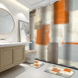 Famanu Duschvorhangset mit Badmatten – moderne orange/weiße Badezimmerausstattung mit Zubehör